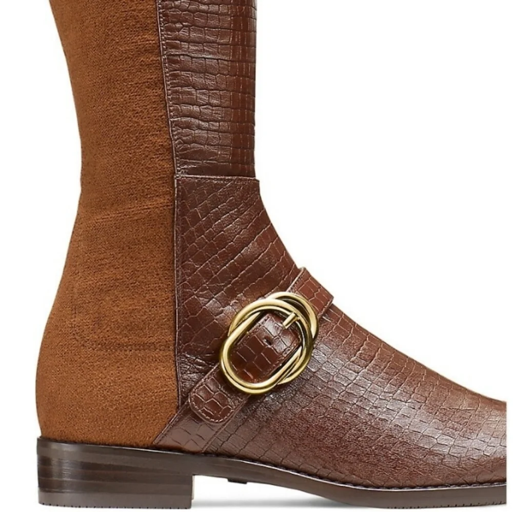 Stuart Weitzman Siella Leather Croc Embossed Riding Boots Gold Buckle 6